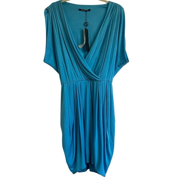 NWT BLACK HALO JILL WRAP STYLE RUCHED AQUA BLUE MINI DRESS SIZE LARGE - Picture 3 of 13